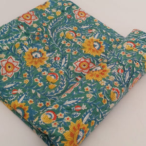 Blue and Yellow Sanganeri Hand Block Printed Pure Cotton Fabric with floral print