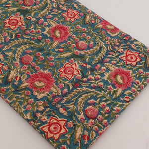 Blue and Pink Sanganeri Hand Block Printed Pure Cotton Fabric with floral print