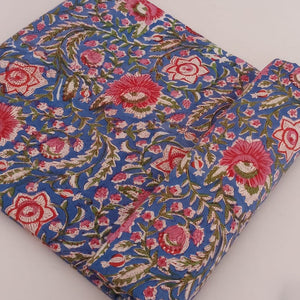 Blue and Pink Sanganeri Hand Block Printed Pure Cotton Fabric with floral print