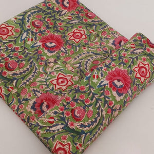 Green and Pink Sanganeri Hand Block Printed Pure Cotton Fabric with floral print