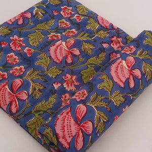 Blue and Pink Sanganeri Hand Block Printed Pure Cotton Fabric with floral print