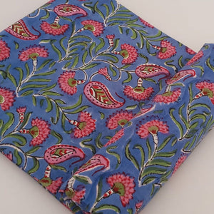 Blue and Pink Sanganeri Hand Block Printed Pure Cotton Fabric with floral print
