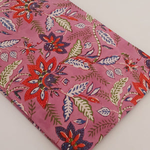 Red and Pink Sanganeri Hand Block Printed Pure Cotton Fabric with floral print