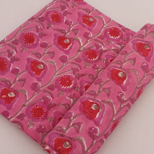 Red and Pink Sanganeri Hand Block Printed Pure Cotton Fabric with floral print