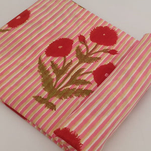Red and Pink Sanganeri Hand Block Printed Pure Cotton Fabric with floral print
