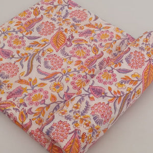 Purple and Pink Sanganeri Hand Block Printed Pure Cotton Fabric with floral print