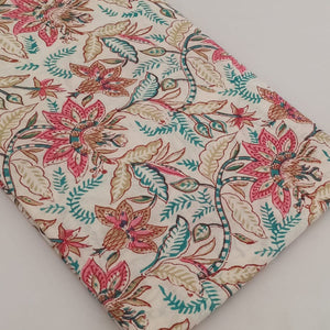 Off white and Pink Sanganeri Hand Block Printed Pure Cotton Fabric with floral print