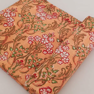 Peach Sanganeri Hand Block Printed Pure Cotton Fabric with floral print