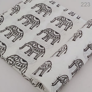 Black and White Dabu Bagru Hand Block Printed Cotton Fabric with elephant animal print