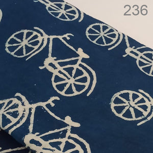 Blue and off white Dabu Hand Block Printed Pure Cotton Fabric with bicycle print