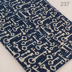 Blue and Off white Dabu Hand Block Printed Pure Cotton Fabric with key print