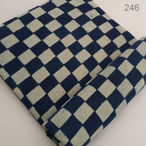 Blue and Off white Dabu Hand Block Printed Pure Cotton Fabric with checks print