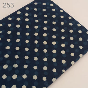 Blue and Off white Dabu Hand Block Printed Pure Cotton Fabric with dots print