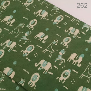 Green and Off White Dabu Hand Block Printed Pure Cotton Fabric with animal print.