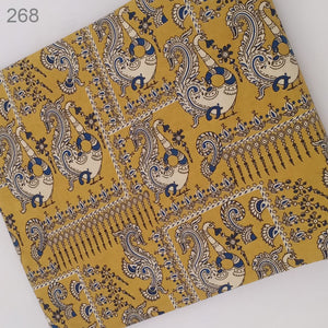 Yellow and Off white Dabu Hand Block Printed Pure Cotton Fabric with peacock print