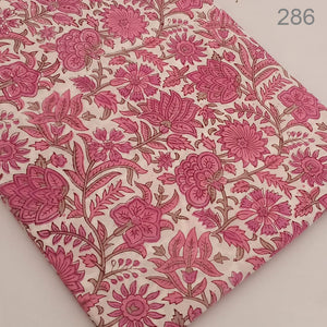 Pink and Off white Sanganeri Hand Block Printed Pure Cotton Fabric with floral print
