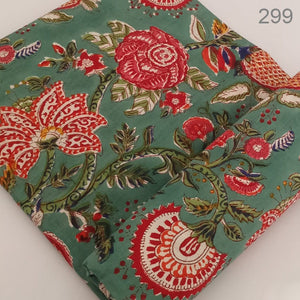 Red and Green Sanganeri Hand Block Printed Pure Cotton Fabric with floral print