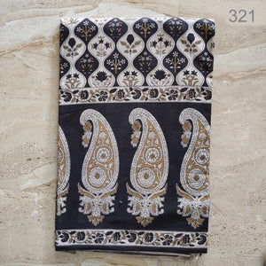 Yellow and Black Bagru Hand Block Printed Pure Cotton Fabric with Big Border and paisley print