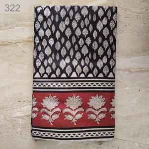 Red and Black Bagru Hand Block Printed Pure Cotton Fabric with Big Border and floral print