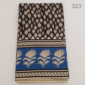 Blue and Black Bagru Hand Block Printed Pure Cotton Fabric with Big Border and floral print