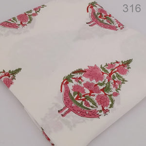 Pink and Green Sanganeri Hand Block Printed Pure Cotton Fabric with floral print