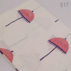 Blue and Pink Sanganeri Hand Block Printed Pure Cotton Fabric with umbrella print