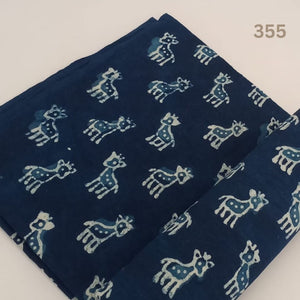 Blue and White Dabu Indigo Hand Block Printed Pure Cotton Fabric with deer animal print