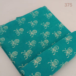 Green Dabu Hand Block Printed Pure Cotton Fabric with octupus animal design