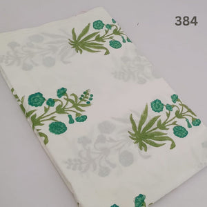 White and Green Sanganeri Hand Block Printed Pure Cotton Fabric with floral design