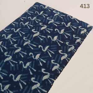 Blue and Off white Dabu Hand Block Printed Pure Cotton Fabric with stork bird print