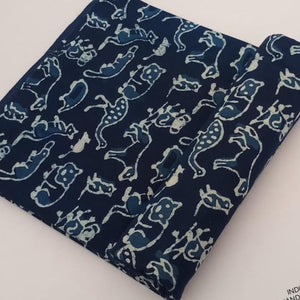 Blue and Off white Bagru Hand Block Printed Pure Cotton Fabric with animal print