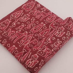 Brown and Off white Bagru Hand Block Printed Pure Cotton Fabric with animal and abstract print