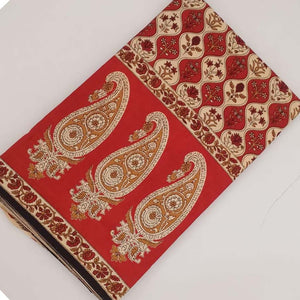 Red and Off White Bagru Dabu Hand Block Printed Cotton Fabric with paisley and floral print