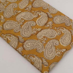 Yellow and Off White Bagru Dabu Hand Block Printed Cotton Fabric with paisley print