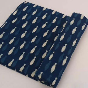 Blue and White Bagru Dabu Hand Block Printed Pure Cotton Fabric with fish print