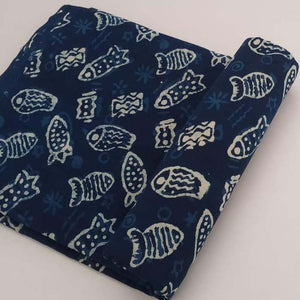 Blue and White Bagru Dabu Hand Block Printed Pure Cotton Fabric with fish print