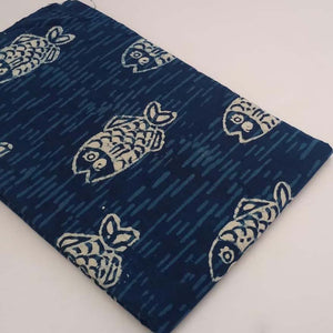 Blue and White Bagru Dabu Hand Block Printed Pure Cotton Fabric with fish print