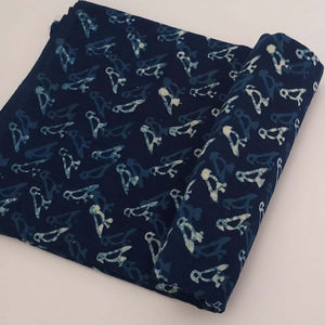 Blue and White Bagru Dabu Hand Block Printed Pure Cotton Fabric with bird print