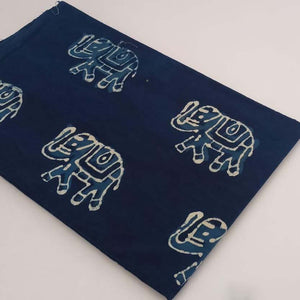 Blue and White Bagru Dabu Hand Block Printed Pure Cotton Fabric with elephant print