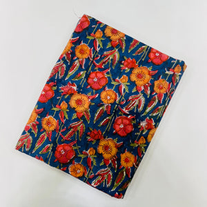 Blue and Red Sanganeri Hand Block Printed Cotton Fabric with floral print