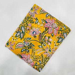 Yellow and Pink Sanganeri Hand Block Printed Cotton Fabric with floral print