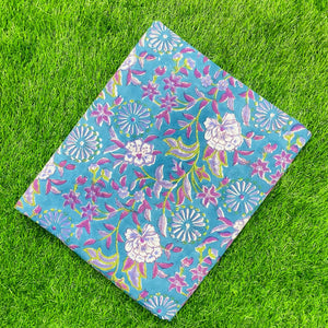 Blue and pink Sanganeri Hand Block Printed Cotton Fabric with floral print