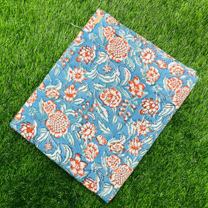 Blue and Orange Sanganeri Hand Block Printed Cotton Fabric with floral print