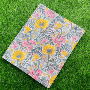 Grey and Yellow Sanganeri Hand Block Printed Cotton Fabric with floral print