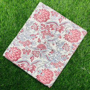 Grey and Pink Sanganeri Hand Block Printed Cotton Fabric with floral print