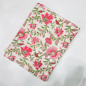 Pink and White Sanganeri Hand Block Printed Cotton Fabric with floral print