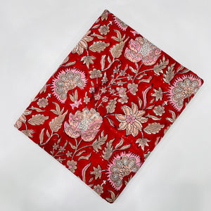 Red and Peach Sanganeri Hand Block Printed Cotton Fabric with floral print