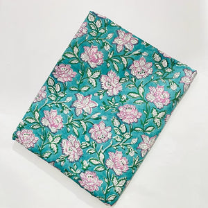 Pink and Green Sanganeri Hand Block Printed Cotton Fabric with floral print