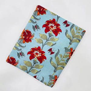 Red and Blue Sanganeri Hand Block Printed Cotton Fabric with floral print