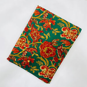 Red and Green Sanganeri Hand Block Printed Cotton Fabric with floral print